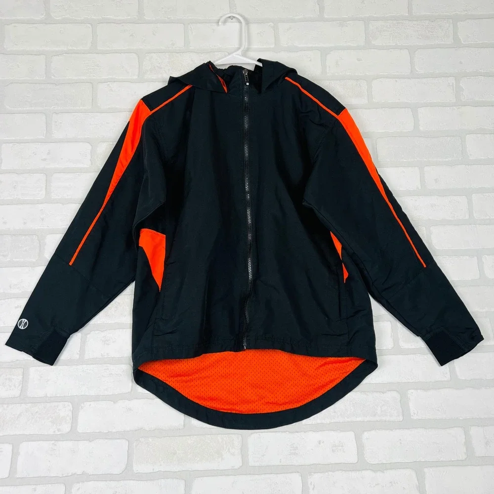 Holloway Kids Black and Orange Hooded Full Zip Windbreaker Athletic Jacket XL